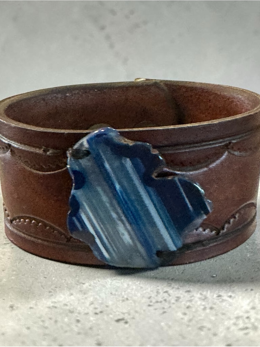 Handmade Leather Cuff Bracelet Blue Agate Michigan Lower Peninsula Mitten State